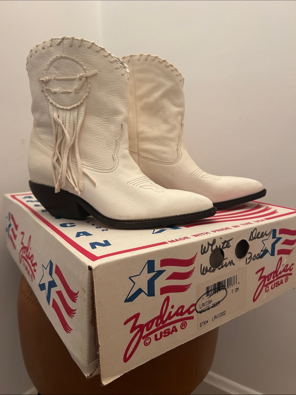 Zodiac Cream Leather Fringe Western Boots